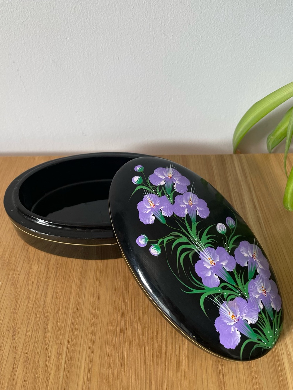 Black Oval Wooden Lacquered Hand-painted Purple Floral Trinket Jewelry Box